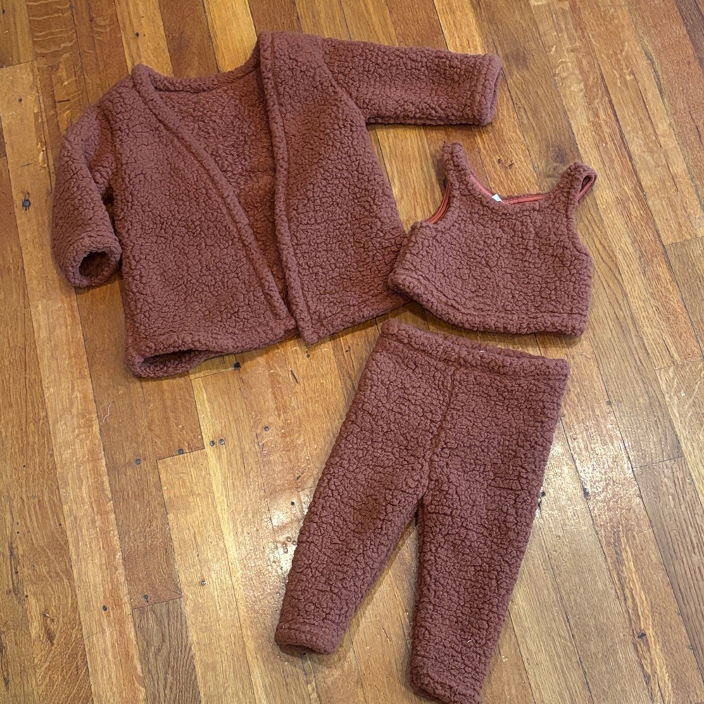 🌻SHEIN Brown Sherpa 3-Piece Kids Matching Set - Jacket, Tank, Pants